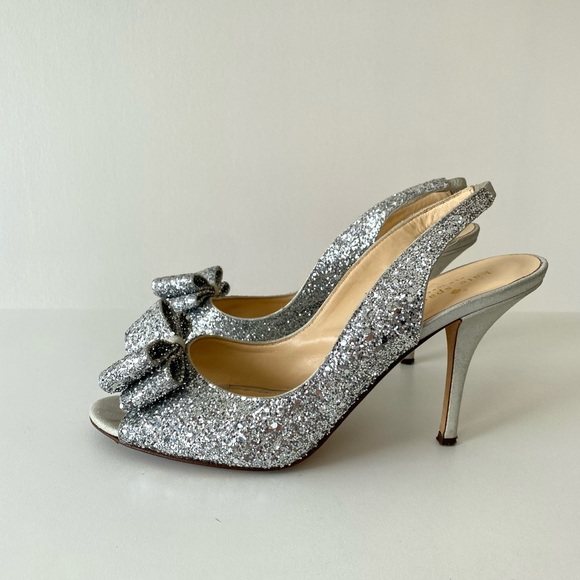 kate spade Sparkly Glitter Bow Slingback Silver Metallic Girlie Feminine Heels - Picture 5 of 17